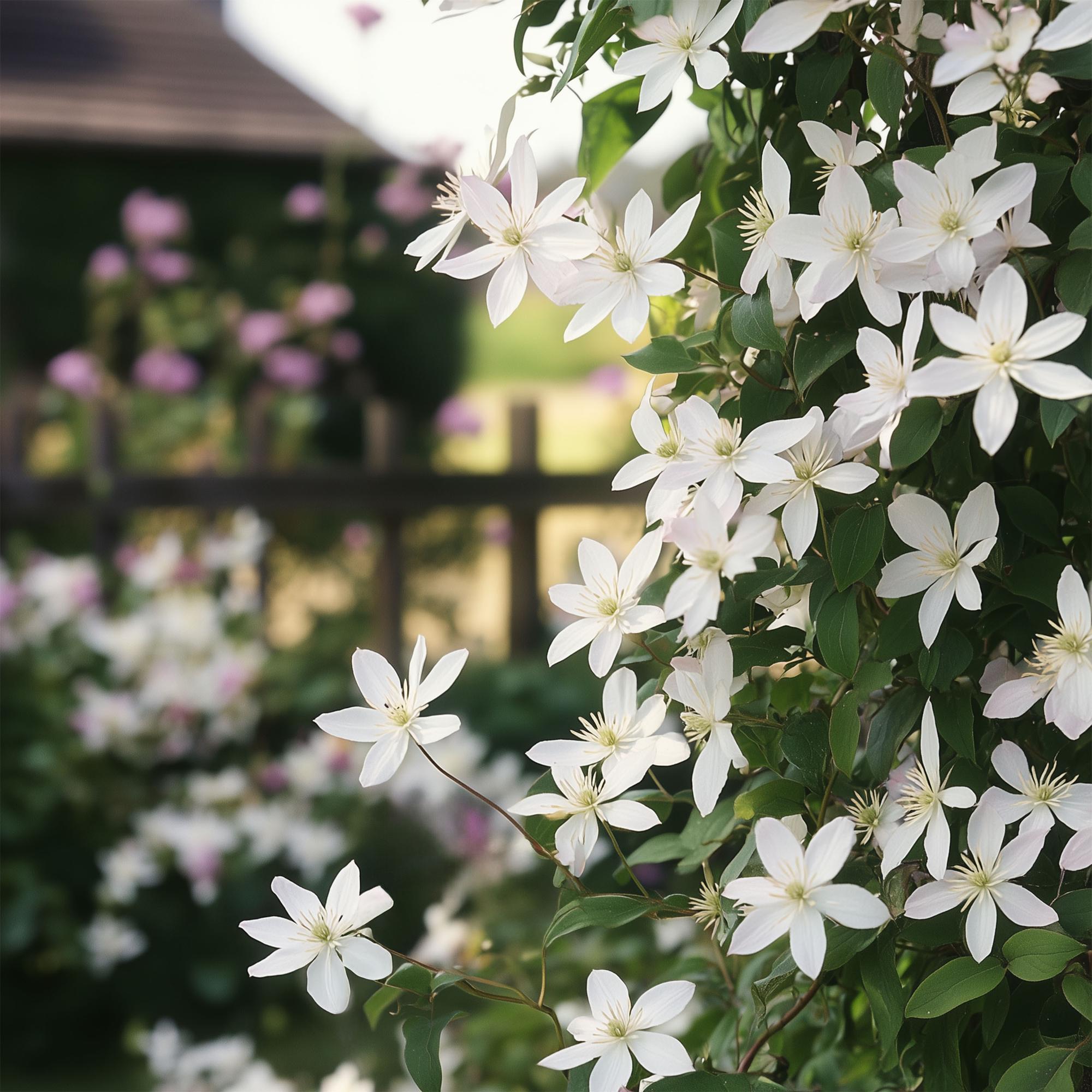 Kletterpflanze - Clematis armandii Apple Blossom - Blüte Rosa - Immergrün - Wenig Pflege - 1 Pflanze Topf 11cm Höhe 40cm