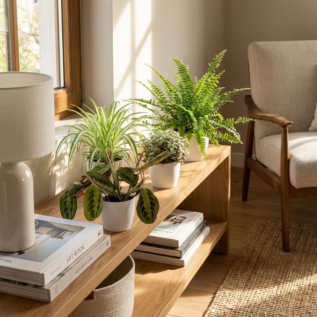 Mix aus 4 Zimmerpflanzen - Chlorophytum - Maranta - Calissia - Nephrolepsis - mit Potter Weiß, Grau oder Korb - Höhe 25cm