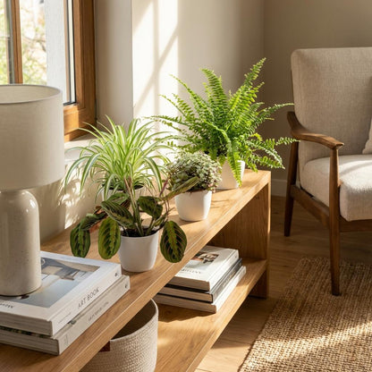 Mix aus 4 Zimmerpflanzen - Chlorophytum - Maranta - Calissia - Nephrolepsis - mit Potter Weiß, Grau oder Korb - Höhe 25cm