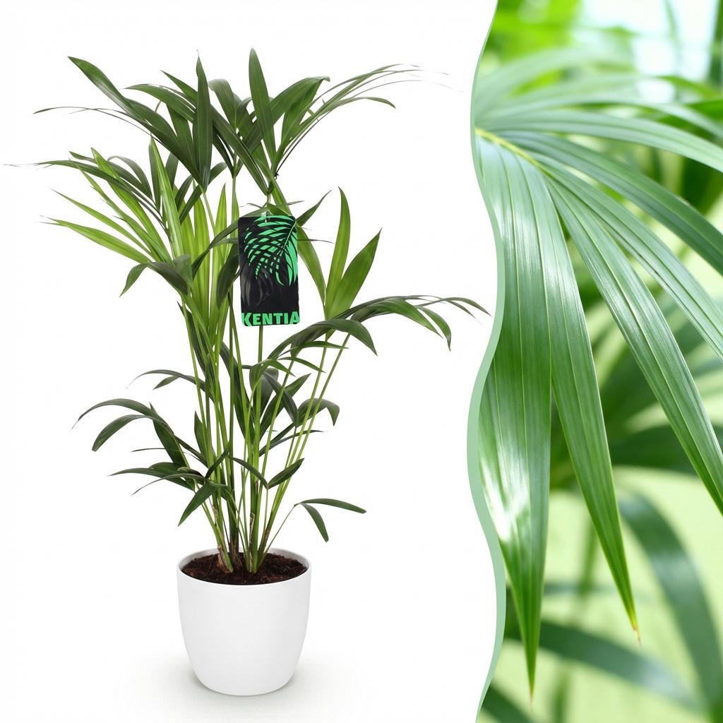 Howea Forsteriana - Kentia Palme - 1 Pflanze - mit Topf Potter Weiß, Grau oder mit Korb - Höhe 80-85cm