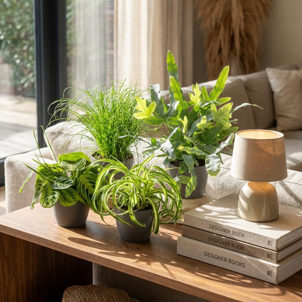 Mix aus 4 Zimmerpflanzen Chlorophytum - Cyperus - Phlebodium - Marantha -  mit Potter Grau, Weiß oder Korb - Höhe 25cm