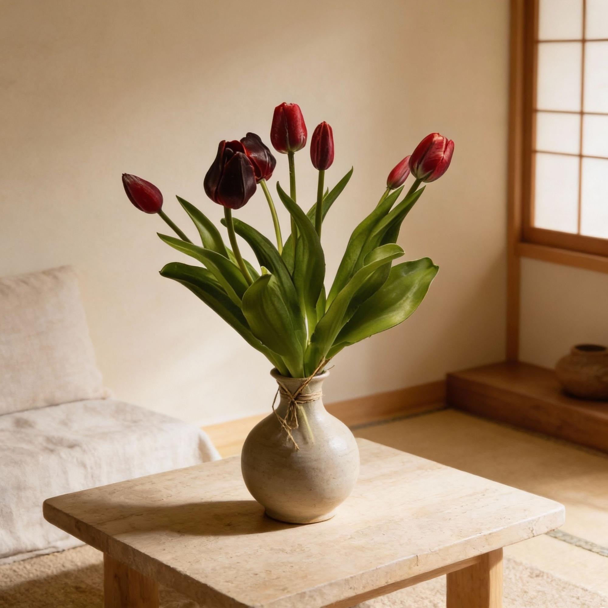 Tulpenstrauß - Dunkelrot - ‘Real Touch’ Kunsttulpen - 7 Stiele - 42 cm